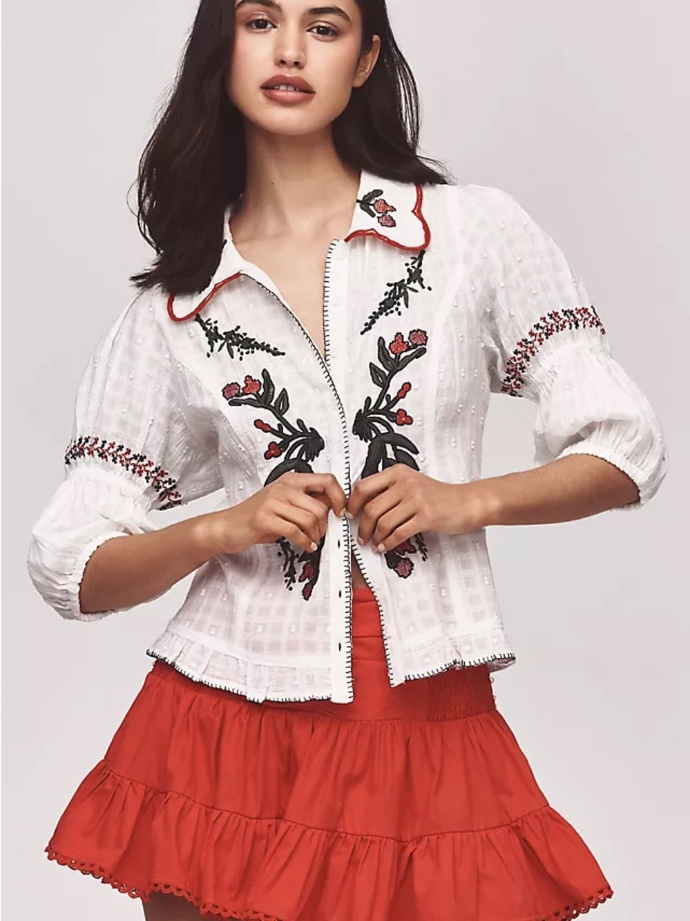 Anthropologie Pilcro White Cotton Embroidered Button-Front Top with Red Trim